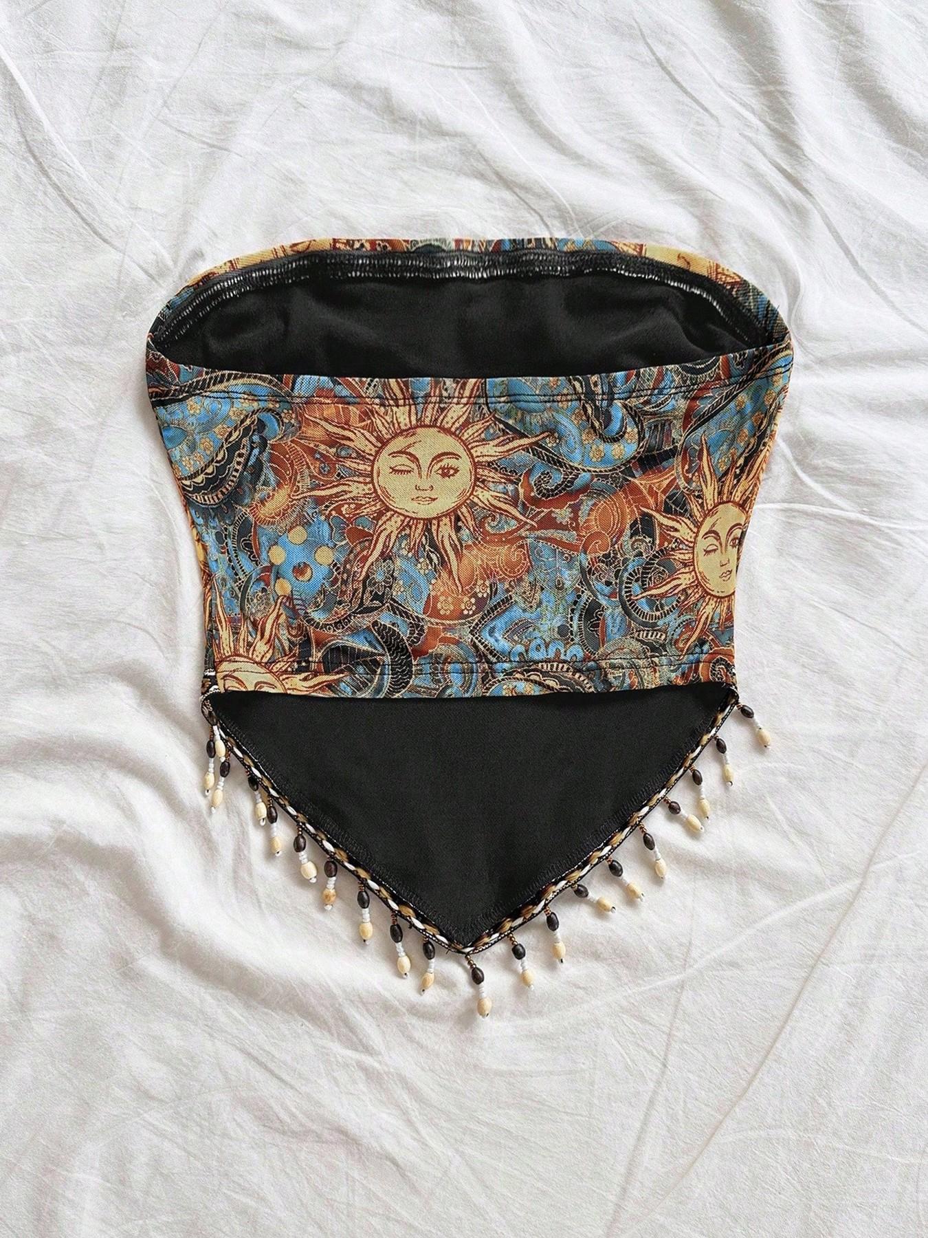 Top de malha estampado feminin - Beaded Trim Fringe avaliação e preço