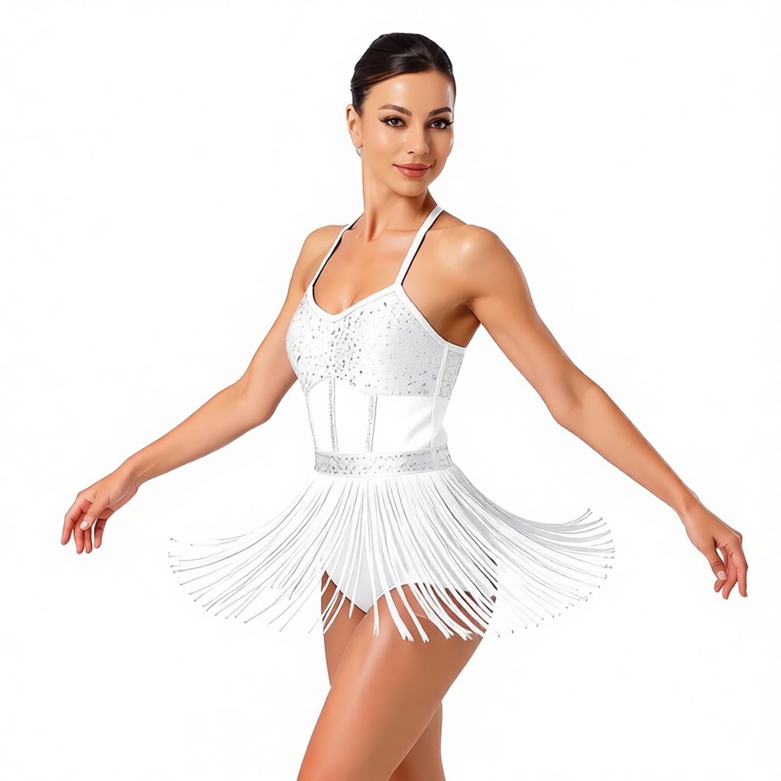 Vestido de Dança Latina com Fr - Rhinestone Banding Trim avaliação e preço